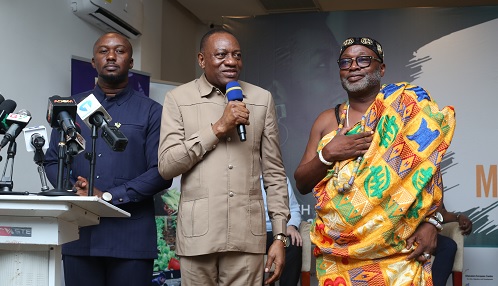 Dr Abdul-Rashid Pelpuo (middle), Minister of Labour, Jobs and Employment; Nii Ahene Nunoo III (right), Abola Mantse, and Malik Basintale (left), CEO, Youth Employment Agency, launching the Ghana Work Abroad Programme. Picture: BENEDICT OBUOBI