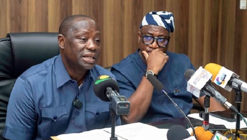  Emmanuel Armah-Kofi Buah (left), Minister of Lands and Natural Resources,  addressing the press briefing. With him is Dr Ibrahim Murtala Mohammed, Minister of Environment, Science and Technology