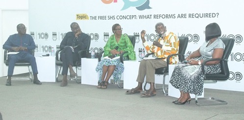 Prof. Stephen Adei (2nd from right), Economist, in a panel discussion with Akwasi Addae-Boahene (left), Chief Technical Advisor, T-TEL; Ace Ankomah (2nd from left), Private Legal Practitioner, and Ewurama Bennin (middle), Education Expert. Moderating is Dzifa Bampoh (right), Journalist. Picture: ERNEST KODZI