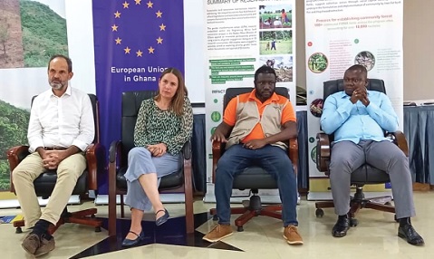 Edward Anaba Akunyagra (right), Programme Director of Agriculture, Livelihood and Landscape at CRS; Maxwell Amedi (2nd from right), Food Security and Resilience Technical Programme Manager at World Vision; Sarah Ooko (2nd from left), an Official at CIFOR-ICRAF, and Mieke Bourne Ochieng (left), Lead Re-greening Africa Programme at CIFOR-ICRAF, at the launch of the project in Tamale