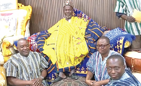 Professor Ahmed Abdulai Jinapor (left), Director-General of GTEC; Professor Elliott Haruna Alhassan (2nd from right), Board member of the College, and Dr Musah Ibrahim Ekpampo (right), Principal of the College, with the Yagbonwura during the visit