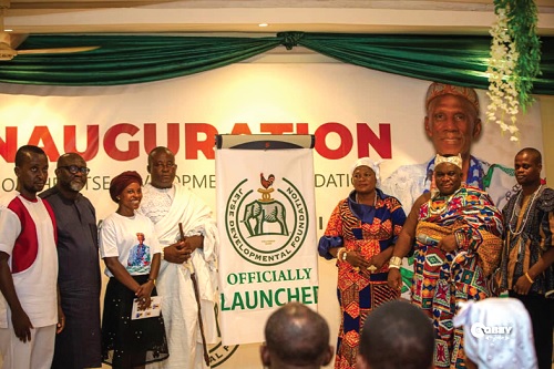 From left: Otsiame Amansah Dzani, the Paramount Chief's linguist; Osmond Kwashie, the Advisory Board Chairman; Christiana Sikayo Kabukuor Osifodoe, the Executive Director of the foundation; Ebenezer Akuaku, a co-founder of the foundation, Naana Akler Akwesihu Ocansey, queenmother of Kabiawe tsu, and Nene Lomo IV, guest speaker, launching the foundation