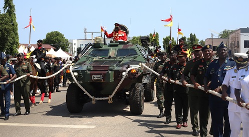 General Thomas Oppong-Peprah (arrowed) out-going Chief of the Defence Staff, being pulled out. Picture: BENEDICT OBUOBI