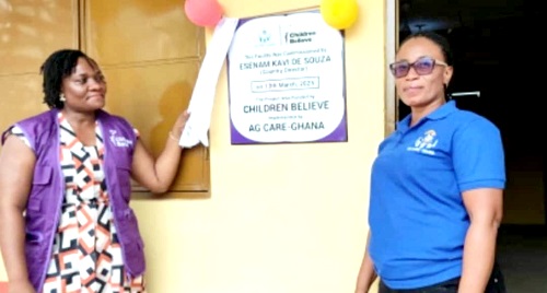 Esenam Kavi Desouza (left), the Director of Children Believe, and Frieda Billa, Team Leader of AG Care Ghana, after cutting the ribbon to inaugurate the early childhood development centre for the Zagbang Primary School (inset)