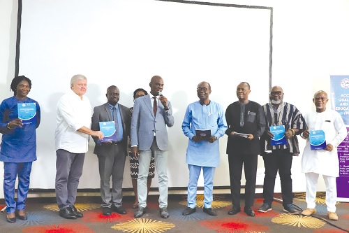 Haruna Iddrisu (4th from left), Minister of Education; Prof. Samuel Kobina Annim (3rd from left), Government Statistician; Tom Norring (2nd from left), Royal Danish Ambassador in Ghana, and other dignitaries launching the Education Report. Picture: EDNA SALVO KOTEY 