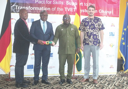 Dr Eric Kofi Adzroe (2nd from left), Director-General, Ghana TVET Service, with Ing. Derrick Kwabena Mintah (2nd from right), Head, Jospong Group; Samuel Thompson (left), Director, and Sebastian Wenz (right), Project Manager, TVET, GIZ. Picture: ERNEST KODZI