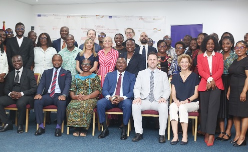 Dr Joseph Whittal (3rd from right), Commissioner, Commission on Human Rights and Administrative Justice; Dr Justice Srem-Sai (2nd from left), Deputy Attorney General and Minister of Justice; Beauty Narteh (3rd from left), Executive Secretary, Ghana Anti-Corruption Coalition, with invited guests and participants after the launch. Picture: BENEDICT OBUOBI
