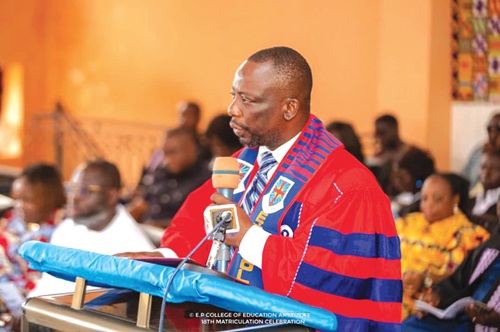 A section of the fresh students taking the matriculation oath. Inset: Dickson Tsey, Principal of AMECO 