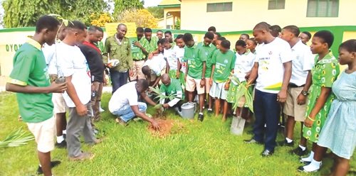 Seth Darko Odame (arrowed) and  Adonise Dampson (squatting), Koforidua Business Centre Manager of the company, to plant a tree seedling. Looking on are some students of the school