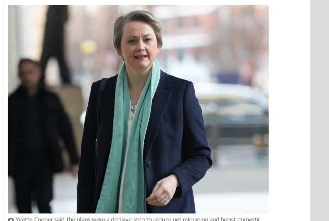 Yvette Cooper said the plans were a decisive step to reduce net migration and boost domestic skills. 