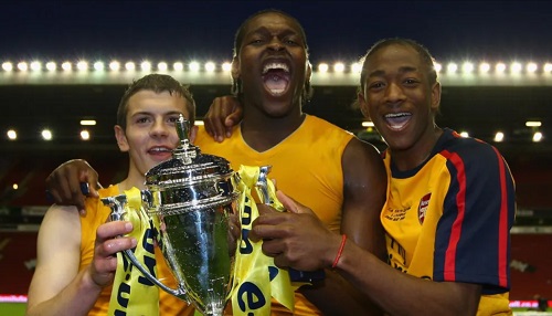 Emmanuel-Thomas (centre) captained Arsenal to FA Youth Cup victory, aged 16. His team-mates included future England star Jack Wilshere (left)