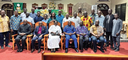 Rt Rev. Prof. Joseph M. Y. Edusa-Eyison (seated 2nd from left), immediate past Chairman, Northern Accra Diocese, with members of the de Graft-Johnson family, some ministers of the Gospel and executive of the Airport East Circuit Men’s Fellowship