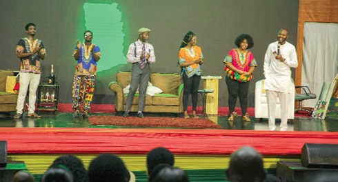 Latif Abubakar (right), the Playwright of the “Ghana Must Go” play, commending the actors on their tremendous performance.  Picture: CALEB VANDERPUYE 