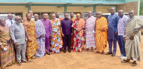 Sam Nartey George (4th from right), MP, Ningo Prampram; Raphael Uriel Nartey (3rd from left), DCE, Ningo Prampram, and Nene Osroagbo Djagmah XII (4th from left), Paramount Chief, Great Ningo Traditional Council, and other traditional leaders
