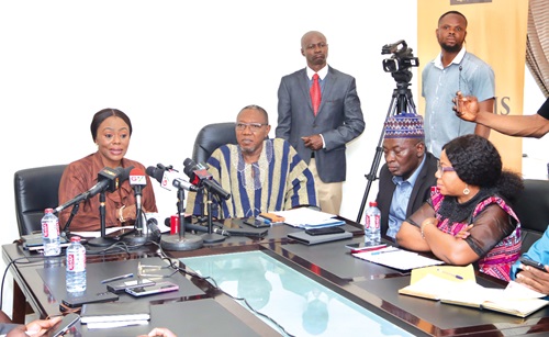 Benita Sena Okity-Duah (left), Coordinator, Free Senior High School Secretariat, addressing the press conference. With her is Dr Clement Apaak, Deputy Minister of Education. Picture: ELVIS NII NOI DOWUONA