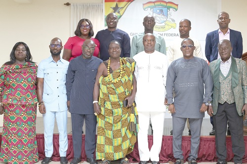 Ben Anane Nsiah (3rd from left), Deputy CEO, Ghana Tourism Authority, with Dr Alphonse Kumaza (3rd from right), Director, Policy Planning, Budgeting, Monitoring and Evaluation, Ministry of Tourism, Charles Adu-Gyamfi (right), immediate past GHATOF president, Seth Okran (2nd from left), President, GHATOF, and some other executives of GHATOF after the executive council’s 2025 election. Picture: BENEDICT OBUOBI