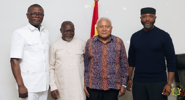 Kofi Iddie Adams (left), Minister of Sports and Recreation, with Azumah Nelson (2nd from left), Samir Captan and Yaw Ampofo Ankrah (right), NSA boss, last Friday after the high-stakes meeting ahead of the Boxing Normalisation Commitee’s inauguration