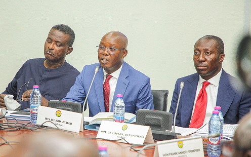 Bernard Ahiafor (middle), Chairman; Kweku Ricketts-Hagan (left), Vice-chair and Alexander Afenyo-Markin, Minority Leader, at the vetting. Picture: CALEB VANDERPUYE Bernard Ahiafor (middle), Chairman; Kweku Ricketts-Hagan (left), Vice-chair and Alexander Afenyo-Markin, Minority Leader, at the vetting. Picture: CALEB VANDERPUYE