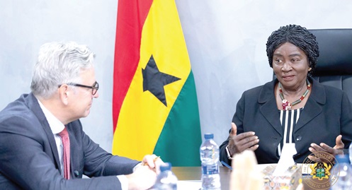 Prof. Naana Jane Opoku-Agyemang (right), Vice-President, in a discussion with Rune Skinnebach, EU Ambassador to Ghana