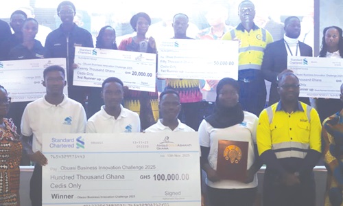 Some of the winners of the challenge displaying their dummy cheques showing the amounts they won