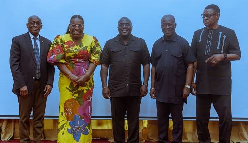 Julius Debrah (middle), Chief of Staff; Nana Oye Bampoe Addo (2nd from left), Deputy Chief of Staff; Seth Terkper (left), Presidential Advisor on Economy; Prof. Kwaku Danso-Boafo (2nd from right), Secretary to Cabinet; and Dr Abubakari Wayo, Chief Director, Office of the President, after the event