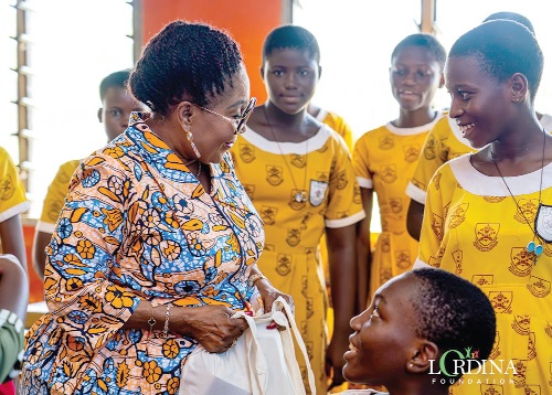 Lordina Mahama (left), interacting with some of the students Lordina Mahama (left), interacting with some of the students