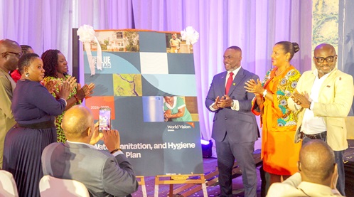 Kenneth Gilbert Adjei (3rd from right), Minister of Works, Housing and Water Resources, with Carla Denizard (2nd from right), West Africa Regional Leader for World Vision International; Prof. Lord Mensah (right), Head, Local Government Service; Dr Tinah Mukunda (left), National Director of World Vision Ghana, and other dignitaries after the launch of the 2026-2030 WASH Business Plan Picture: CALEB VANDERPUYE