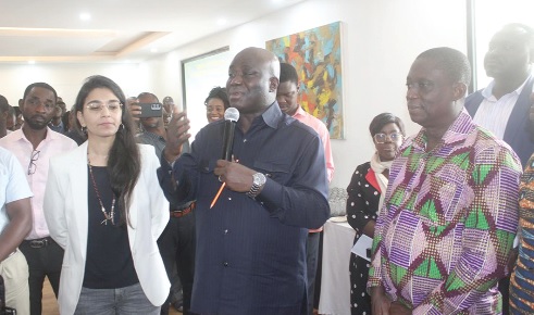 Eric Opoku (middle), Minister of Food and Agriculture, speaking at the launch of the EMA-i+ while Priya Gujadhur (left), the FAO Representative, and Dr Emmanuel Allegye-Cudjoe (right), the Director of Veterinary Services Directorate at MoFA, look on