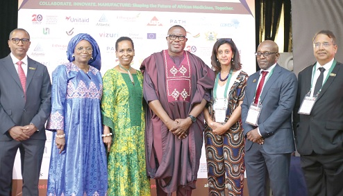 Samuel Ofosu-Ampofo (middle), Policy Adviser for Political Affairs, Office of the Vice-President, with Ann-Marie Hosang-Archer (3rd from left), Board Chair, Health4 Development, Hany Abdallah (3rd from right), Senior Programmes Officer, The Gates Foundation, Abebe Genetu Bayih (left), Local Manufacturing Coordinator, Africa CDC, and Dhananjay Tripathi (right), CEO, Pharmanova Limited, at the conference. Picture: BENEDICT OBUOBI