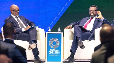 Dr Johnson Pandit Asiama (right), Governor, BoG, in a chat with Abebe Aemro Selassie, Director, African Department, IMF, during the Governor Talks forum
