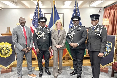 Christian T. Yohuno (2nd from left) IGP, with Commissioner Jessica Tisch (middle). With them are COP Michael N. Frempong (2nd from right), Abass Golfrey (left), FBI Attaché, and ASP Sarah Marfo (right)