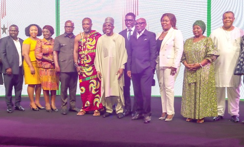 Rt Hon. Alban Sumana Kingsford Bagbin (6th from left), Speaker of Parliament, with Kwame Asare Obeng (5th from right), Member of Parliament for Gomoa Central; Obrempong Nyamful Kranpah XI (5th from left), Paramount Chief of the Gomoa Ajumako Traditional Area; Goosie Tanoh (right), Presidential Advisor on 24-Hour Economy, and some dignitaries after the ceremony. Picture: ELVIS NII NOI DOWUONA 