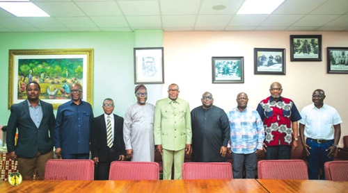 Dr Samuel Ofosu-Ampofo (middle), Board Chairman of COCOBOD, with members of the Cocoa Tertiary Education Trust and Scholarship Committee after the inauguration. With them is Mr Randy Abbey (2nd from right), CEO of the COCOBOD