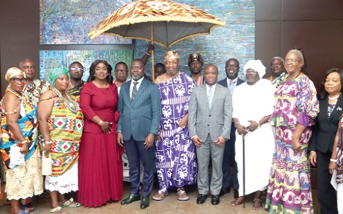 Dr Dominic Akuritinga Ayine (4th from left), Attorney General  and Minister of Justice, with Nii Tackie Teiko Tsuru II, Ga Mantse; Felix Ofosu Kwakye (4th from right), Minister of State for Government Communications; Genevieve Shirley Lartey (3rd from left), Executive Secretary, Right to Information Commission, and some dignitaries after the conference. Picture: ELVIS NII NOI DOWUONA 