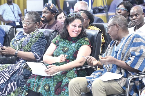 Dr Clement Abas Apark (right), a Deputy Minister of Education, interacting with Dr Rebello Britto (2nd from right), Global Director, Educational and Adolescence Development, UNICEF, during the launch of the Learning Foundational Action in Accra. Picture: SAMUEL TEI ADANO