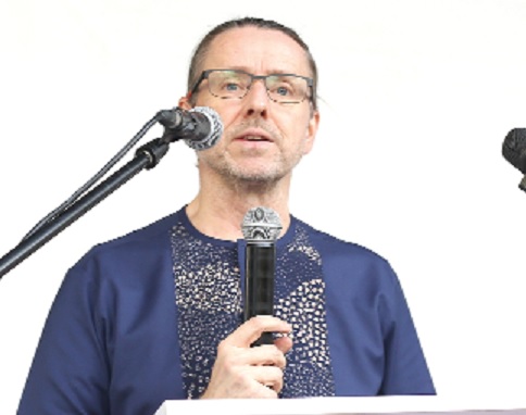 Dr Dirk Amann (inset), Country Director, GIZ Ghana, giving his welcome remarks at the GIZ 50th anniversary, Arts &amp; Photo exhibition.  Picture: BENEDICT OBUOBI