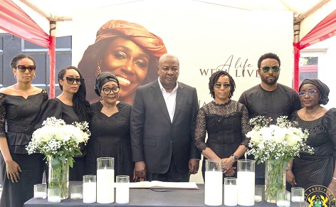 President John Dramani Mahama (middle) with First Lady Lordina Mahama (3rd from left), children and a family member of the late former First Lady, Nana Konadu Agyeman-Rawlings, when he called to condole with the family