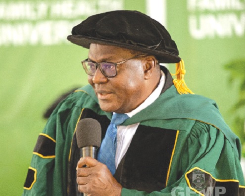 Professor Enyonam Yao Kwawukume, Founder and Vice-Chancellor of FHU, addressing the students