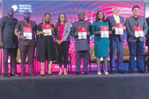 Angela Wamola (4th from left), Head of GSMA Africa, and Samuel Nartey George (5th from left), Minister of Communication, Digital Technology and Innovations, with other dignitaries during the launch of the report
