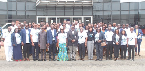 Dr Caroline Reindorf Amissah (7th from left), Deputy Director-General, GHS; Dr Abdul-Samed  Tanko (8th from left), CEO, UGMC; Prof. Matthew Yamoah Kyei (6th from left), Vice-President, Ghana Association of Urological Surgeons, some staff of the UGMC and GHS. Picture: ERNEST KODZI 