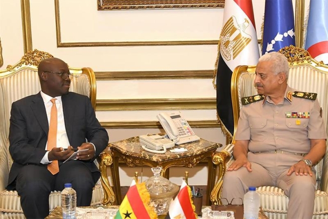 Egypt’s Minister of Defense and Commander-in-Chief of the Armed Forces, General Abdel-Meguid Saqr with Ghana’s Minister of Finance and Economic Planning and Acting Minister of Defense Cassiel Ato Forson during their meeting. Photo courtesy of Egyptian Armed forces spokesman.