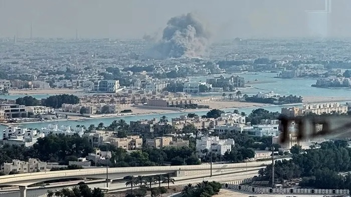 Smoke rises from an explosion, allegedly caused by an Israeli strike, in Doha, Qatar, on Tuesday, Sept. 9, 2025.  (UGC via AP)