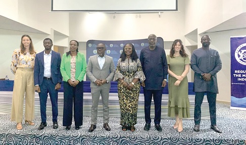 Dorcas Affo-Toffey (4th from right), Deputy Minister, Transport; Prof. Ransford Gyampo (4th from left), CEO, Ghana Shippers Authority; Captain Ali Kamal-Deen (retd) (3rd from right), Director-General, Ghana Maritime Authority, with other dignitaries at the Green Shipping Corridors Pre-Feasibility Study Consortium Incubation Workshop