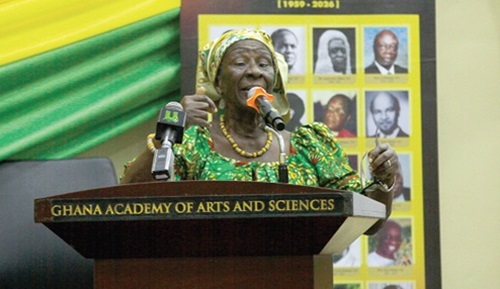  Prof. Gladys Amponsah (inset), Professor of Anaesthesiology, addressing the audience at the event Picture: CALEB VANDERPUYE