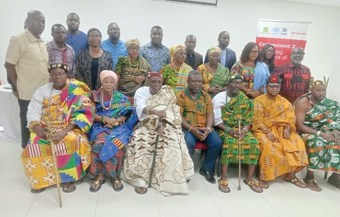 James Gunu (seated, middle), Volta Regional Minister; representatives of the project implementers, and some traditional leaders at the launch