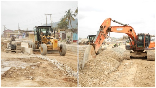 Contractors fixing the Accra-Nsawam road Pictures: CALEB VANDERPUYE