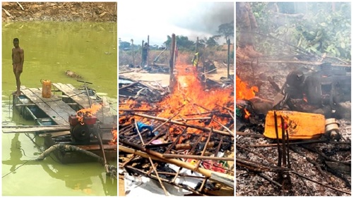 Some makeshift structures and equipment set ablaze by the task force
