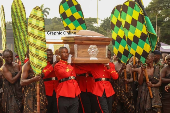 The remains of Nana Konadu Yiadom III, Asantehemaa, being carried away after the burial service. Picture EMMANUEL BAAH