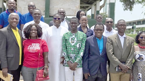 Rev. Steve Mensah (3rd from right in front row), National Chairman of the International Prison Chaplains Association Ghana, with Rev. Fr Dr Patrick Appiah (3rd from left), Headmaster of St Augustine's College, and other dignitaries at the anti-crime talk event