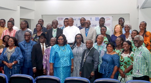Prof. Henrietta Mensa-Bonsu (5th from left), Supreme Court Judge, with Prof. Benhart Yemo Quarshie (right), former Rector, Akrofi Christaller Institute; Very Rev. Dr John Kwesi Addo Jnr (2nd from left), General Secretary, Bible Society of Ghana, and some dignitaries after the anniversary lecture. Picture: ELVIS NII NOI DOWUONA 